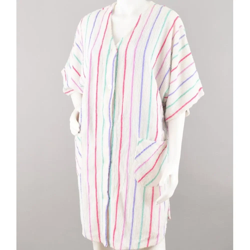Vintage Terry Cloth Swimsuit Cover Up Robe, Rainbow Striped, Women's Medium